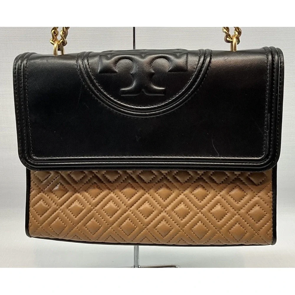 Tory Burch Fleming Quilted Colorblock Convertible Leather Shoulder Bag Black Tan